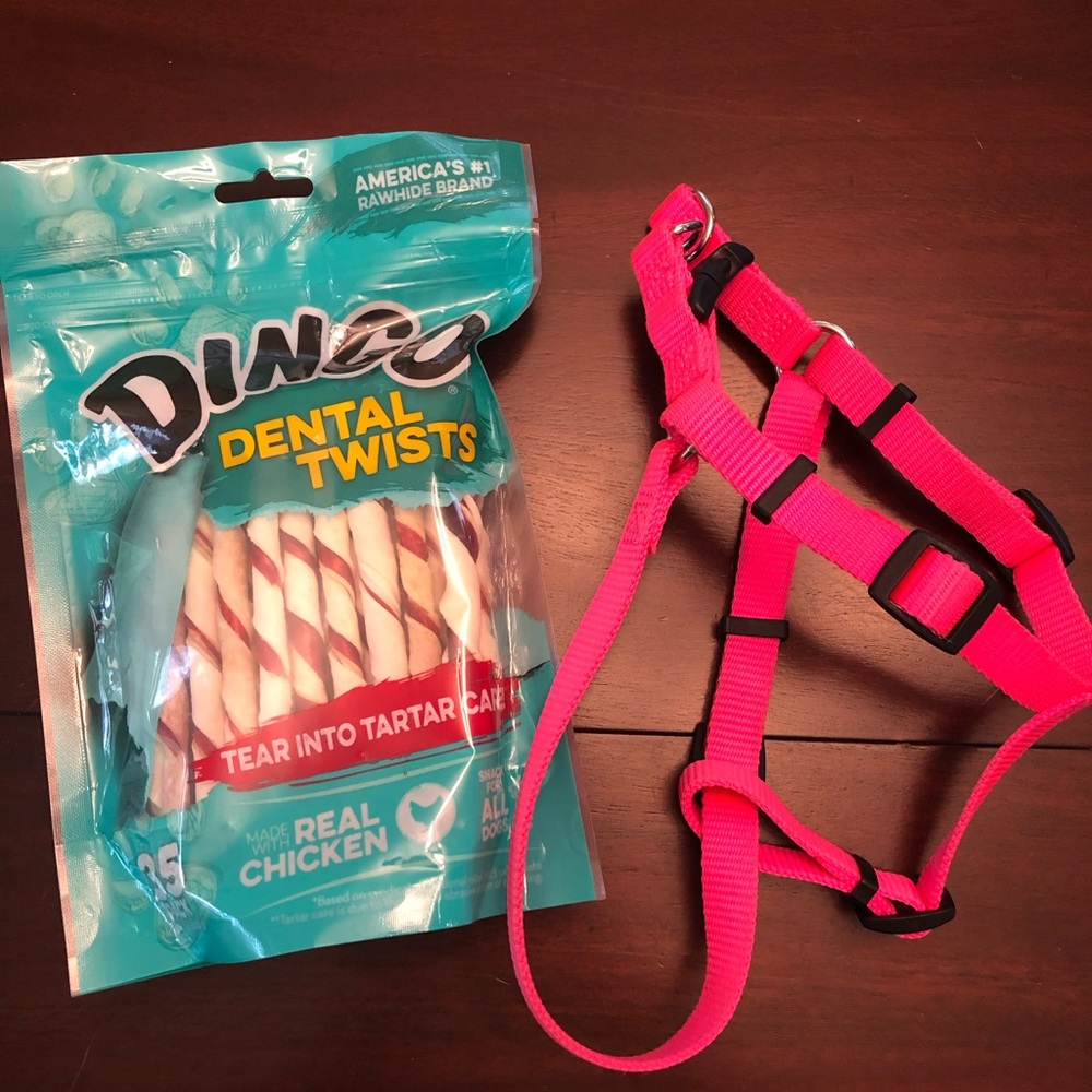 Dog bundle: hot pink harness and unopened chews